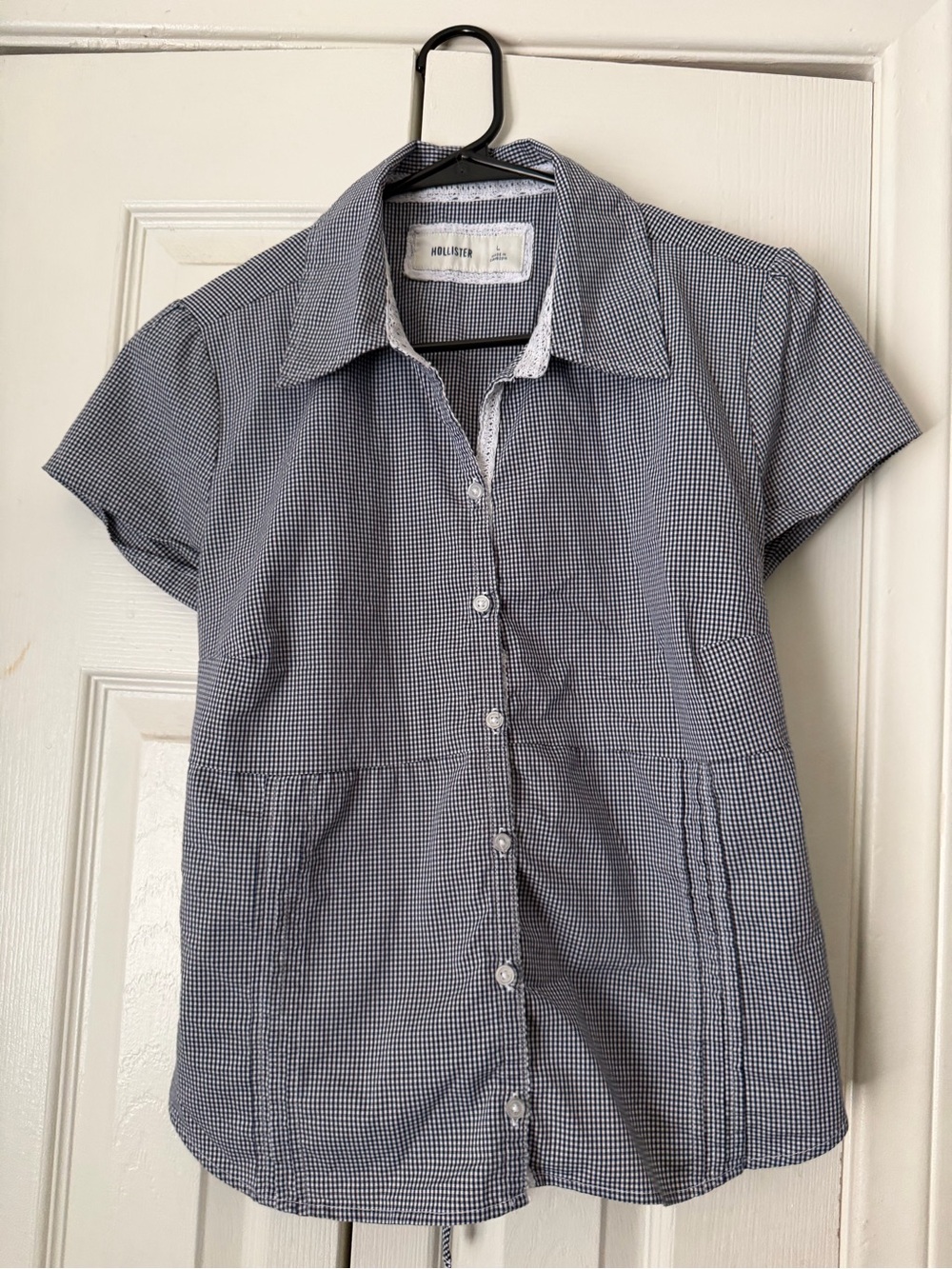 Hollister Navy and White Micro-Check Short Sleeve Button-Down Shirt